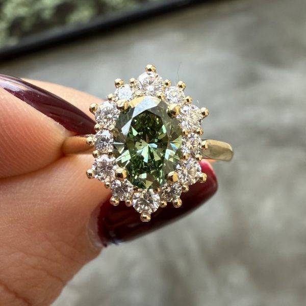 Green Oval Lab Diamond Halo Ring