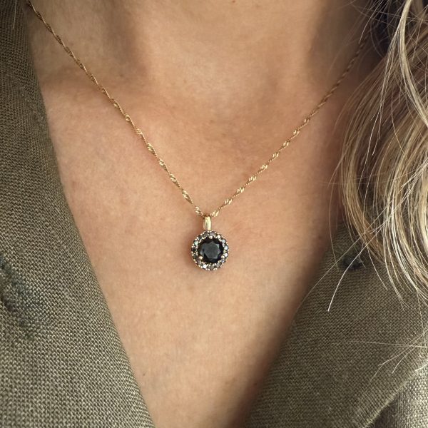 9ct Yellow Gold Black Moissanites Halo Necklace