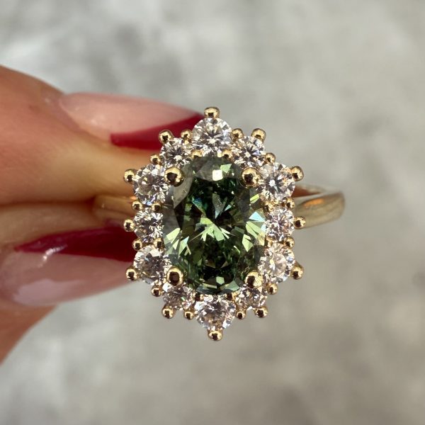 Green Oval Lab Diamond Halo Ring