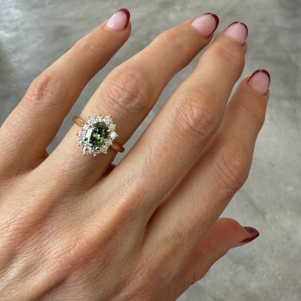 Green Oval Lab Diamond Halo Ring - Image 2