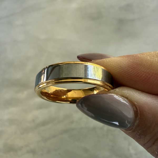 Gloss Steel & Gold Edges Flat 6mm Ring