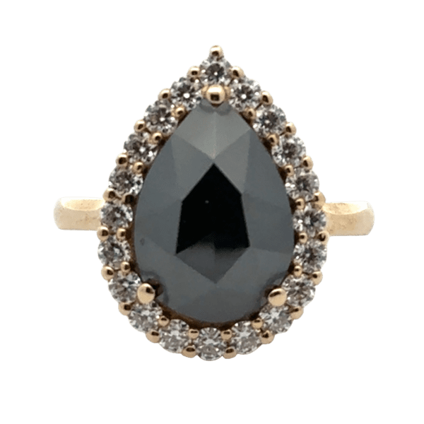 9ct Yellow Gold Black Pear Halo Ring